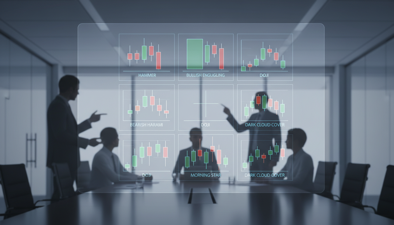 Инфографика с различными свечными паттернами на цифровом дисплее