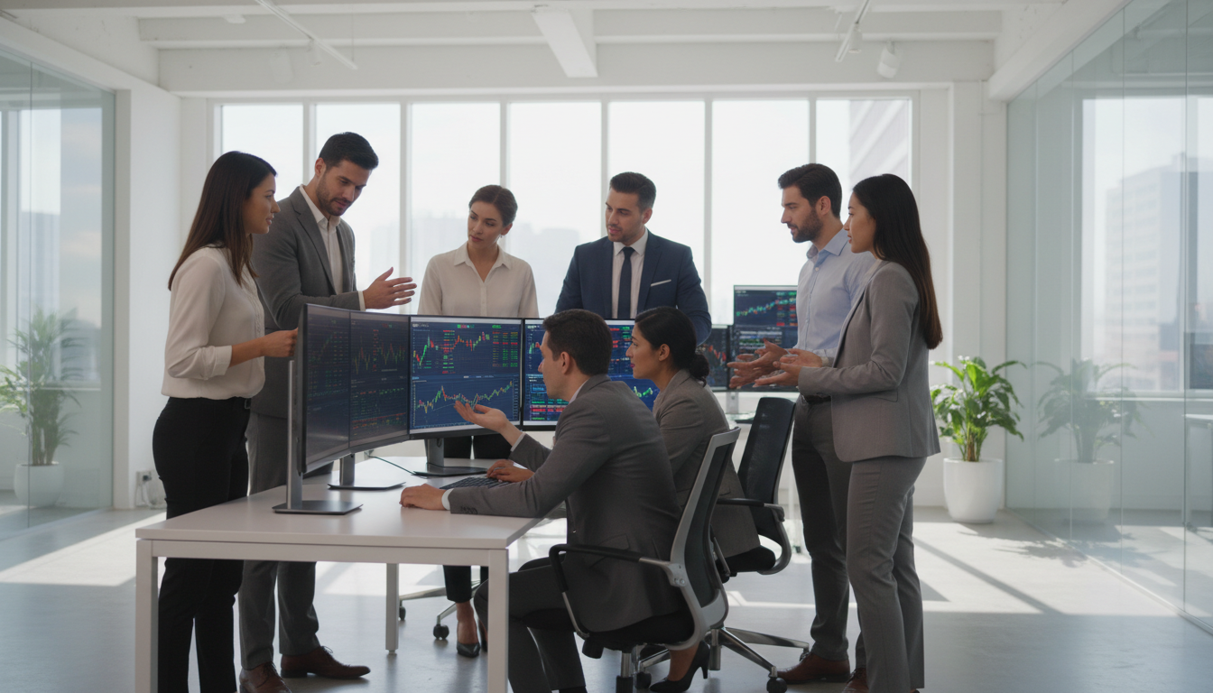 Команда трейдеров анализирует финансовые данные на Форекс