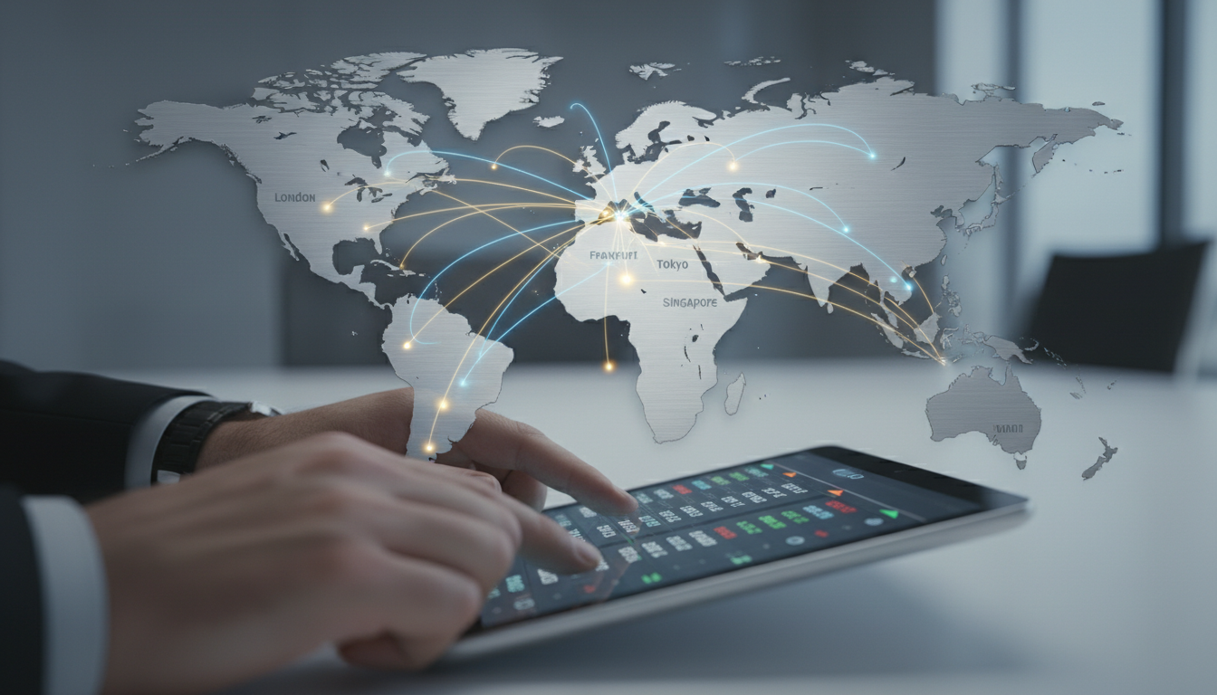 Глобальная карта с линиями, показывающими международные финансовые связи