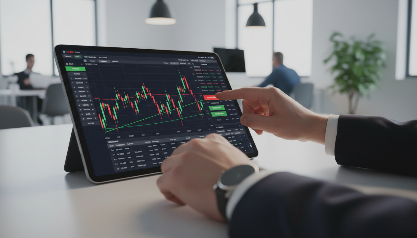 Руки трейдера, управляющие торговой платформой для быстрых сделок